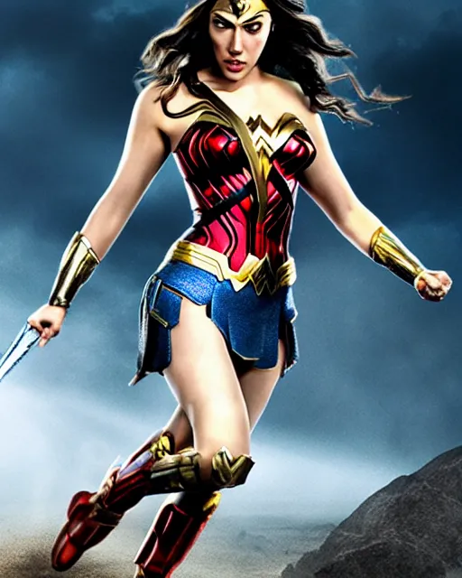 Image similar to scarlett johansson as wonder woman from new 5 2, movie, hyper realistic, hollywood promotional image, imax, 8 k