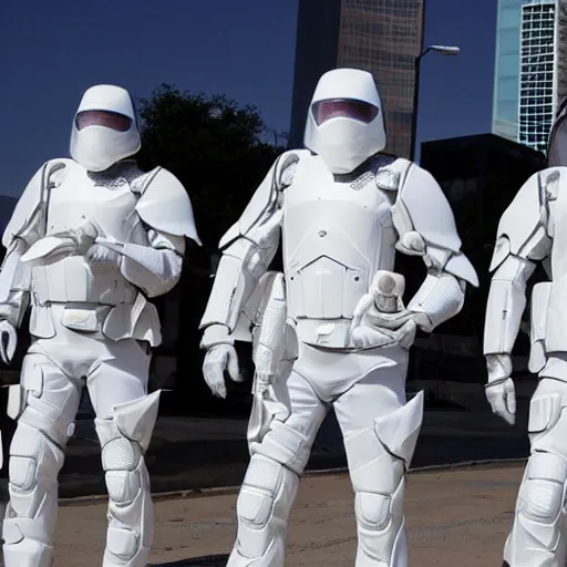 Image similar to dystopian peacekeepers wearing futuristic white armor patrolling the streets of new america