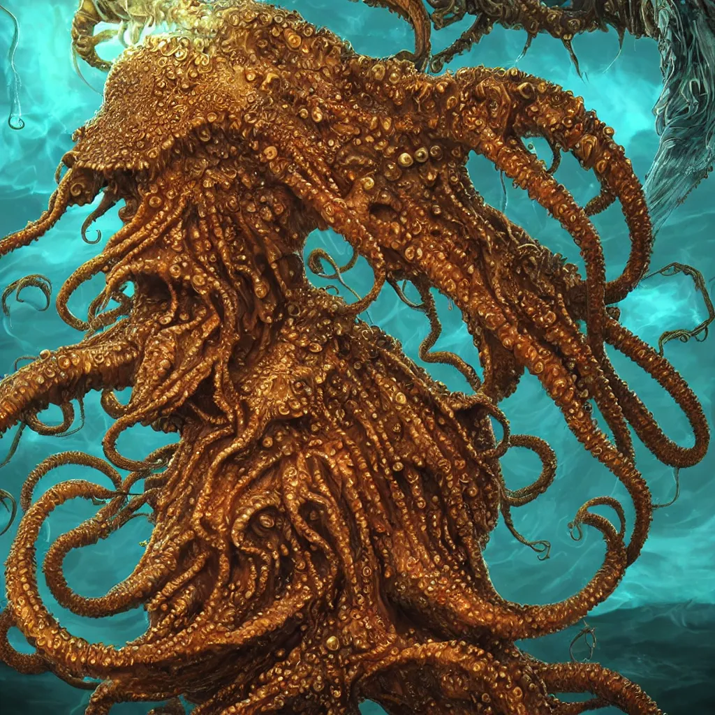 Image similar to close-up macro portrait of a Cthulhu and other fantastical sea creatures, epic angle and pose, ribcage bones symmetrical artwork, 3d with depth of field, blurred background, cybernetic jellyfish female face skull phoenix bird, translucent, nautilus, energy flows of water and fire. a highly detailed epic cinematic concept art CG render. made in Maya, Blender and Photoshop, octane render, excellent composition, cinematic dystopian brutalist atmosphere, dynamic dramatic cinematic lighting, aesthetic, very inspirational, arthouse. Greg Rutkowski, Ilya Kuvshinov, WLOP, Stanley Artgerm Lau, Ruan Jia and Fenghua Zhong