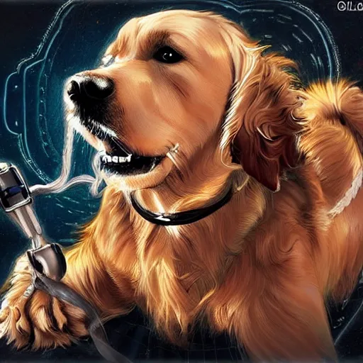 Prompt: a golden retriever ghostbuster, furry fantasy art