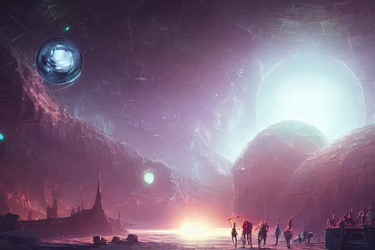 Image similar to D&D party faces a giant Dyson Sphere Megastructure Ominously Glowing, digital art, dark atmosphere by Marby Kwong, (((((((Makoto Shinkai Raphael Lacoste Martin Deschambault Finnian MacManus ArtStationhq IAMAG