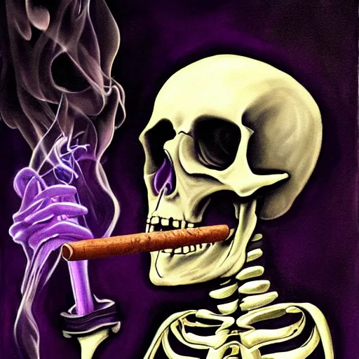 Prompt: a painting of a skeleton skull with glowing purple eyes smoking a purple cigar, digital art, realistic, spooky, vivid