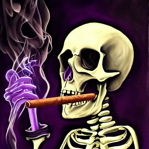 Image similar to a painting of a skeleton skull with glowing purple eyes smoking a purple cigar, digital art, realistic, spooky, vivid