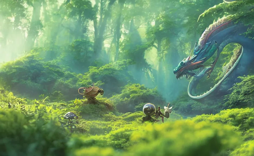 Image similar to a still of a cute adorable tiny astronaut, on a planet of lush foliage, with an enormous kaiju dragon surrounding, magical forest, sharp focus, neon backlit, highly detailed, disney pixar studio ghibli makoto shinkai, digital painting, matte, octane render, global illumination, iridescent, anime, 8 k concept art