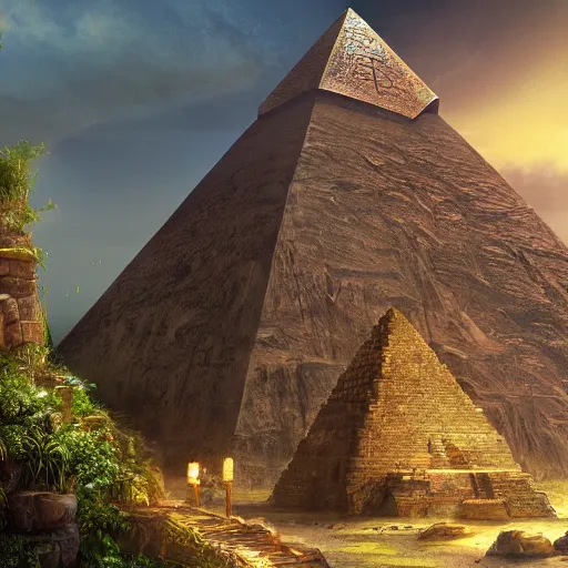 Image similar to magical ancient pyramid, gold, treasure, lara croft charater, realistic illustration, pyramid surrounded with greenery, illustrations, 3 d render, illustrated, incredible details, highly detailed, photorealistic, disney pixar, octane render, iridescent, anime, 8 k