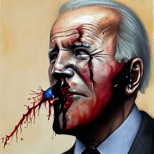 Image similar to presidential portrait of joe biden with oily black fluid pouring from mouth and nose as slenderman, medical diagram by beksinski, jon mcnaughton, and stephen gammell