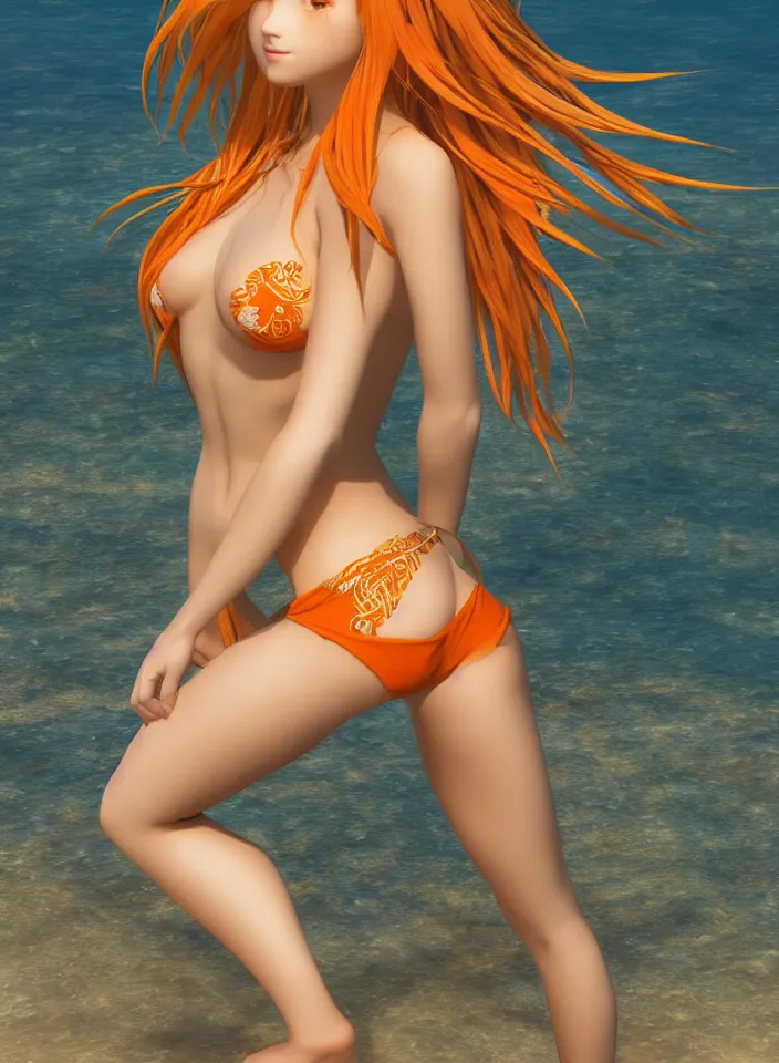 Prompt: beautiful blond woman in orange tribal bikini, long blond wild hair, by makoto shinkai, by eugene de blaas and ross tran, 8 k, high resolution render, cinematic color grading, intricately detailed, romantic, warm,
