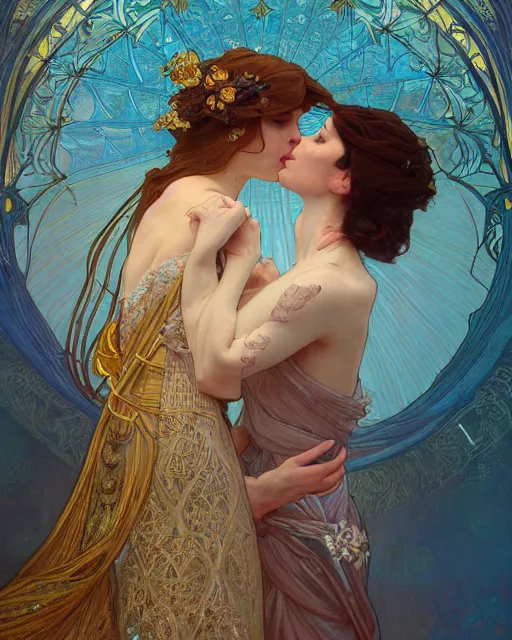 Image similar to the kiss | highly detailed | very intricate | art nouveau | gold filigree | romantic storybook fantasy | soft cinematic lighting | award - winning | painted by mandy jurgens and alphonse mucha and alena aenami | pastel color palette | featured on artstation