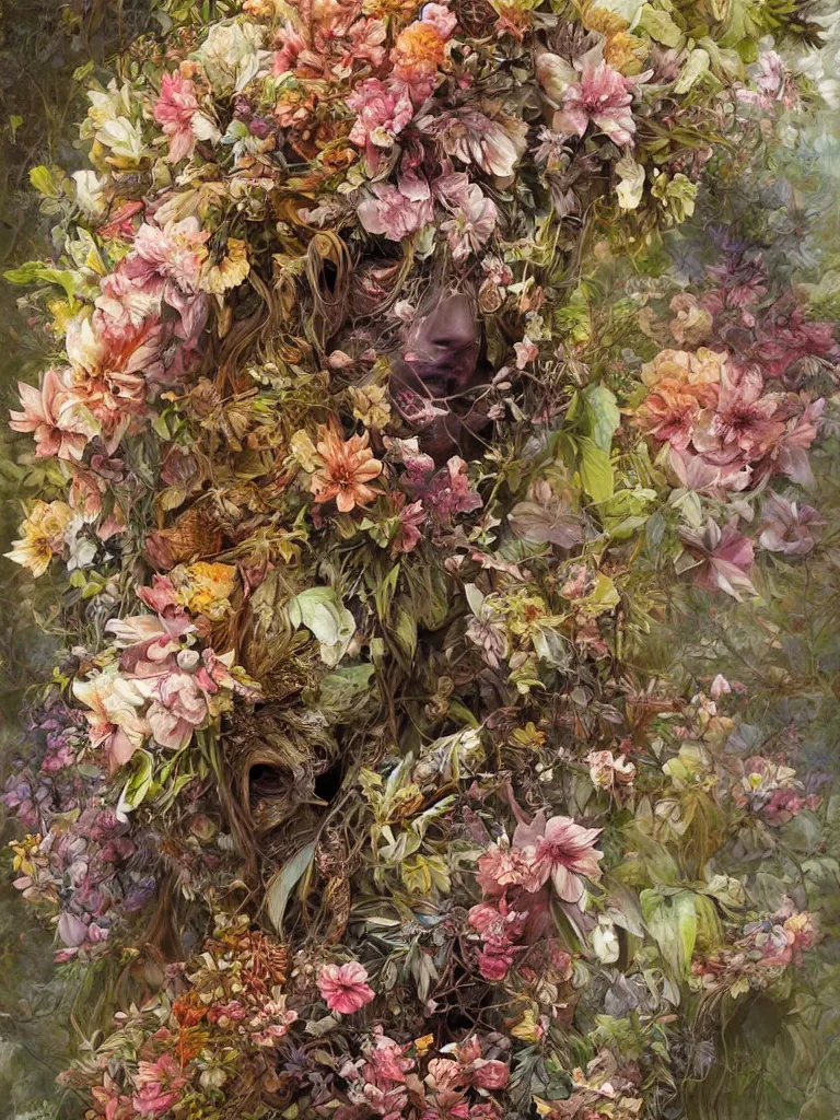 Image similar to a chaotic whirlwind of exotic forest flowers and leaves, intricate details, aesthetically pleasing and harmonious natural colors, art by marco mazzoni, impressionism, detailed, dark, spring, flowers