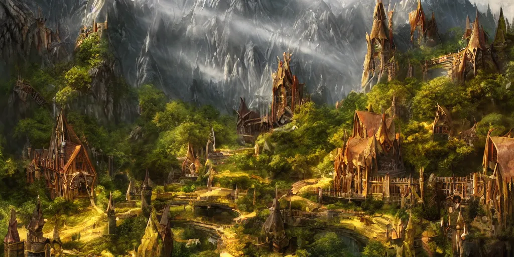 Image similar to lord of the ring. elf city. elvish village. rivendell. mountains. beautiful forest. concept art. epic. cinematic. artstation.