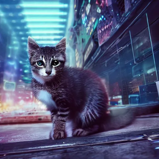 Image similar to full body pose, hyperrealistic photograph of a cyberpunk kitten, dim volumetric lighting, 8 k, octane beautifully detailed render, extremely hyper detailed, intricate, epic composition, cinematic lighting, masterpiece, trending on artstation, very very detailed, stunning, hdr, smooth, sharp focus, high resolution, award, winning photo, dslr, 5 0 mm