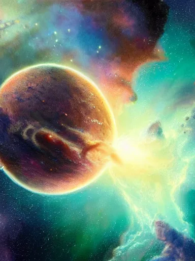 Prompt: the planet earth in the middle of a nebula. intricate, elegant, highly detailed, digital painting, artstation, concept art, sharp focus, illustration, by justin gerard and artgerm, 8 k