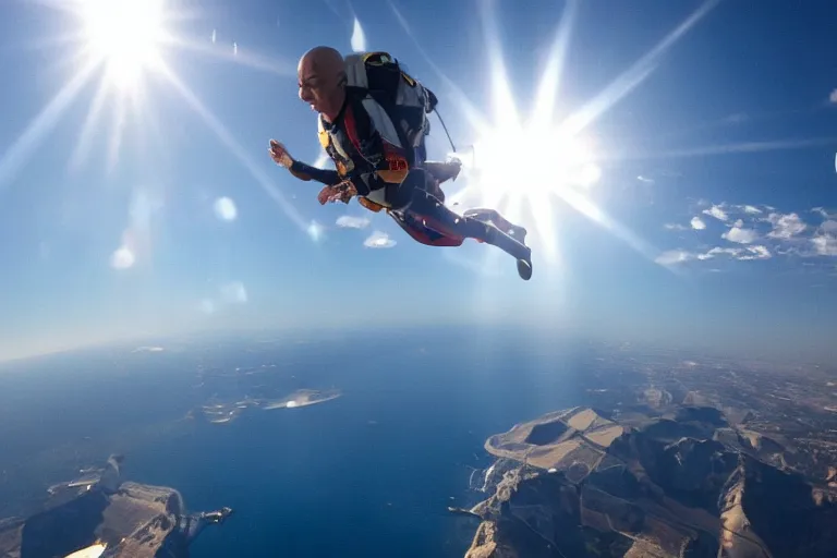 Prompt: a cinematic still of patrick stewart skydiving off a skyscraper, extreme closeup, lens flare