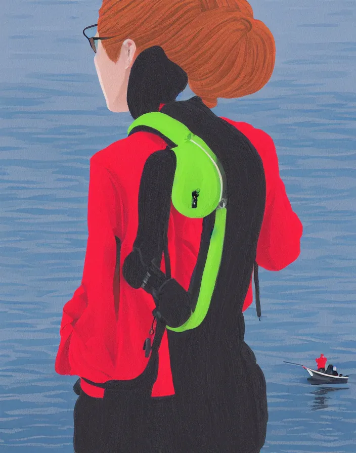 Prompt: wide shot rear view photographer woman hair in a bun kanzashi long red pattern coat backpack sneakers grasping a dslr camera while looking out over a placid lake, a character design painting, in the style of wes anderson, lola dupre, david hockney, isolated on negative white space background dark monochrome neon fluorescent spraypaint accents volumetric octane render, no double figure