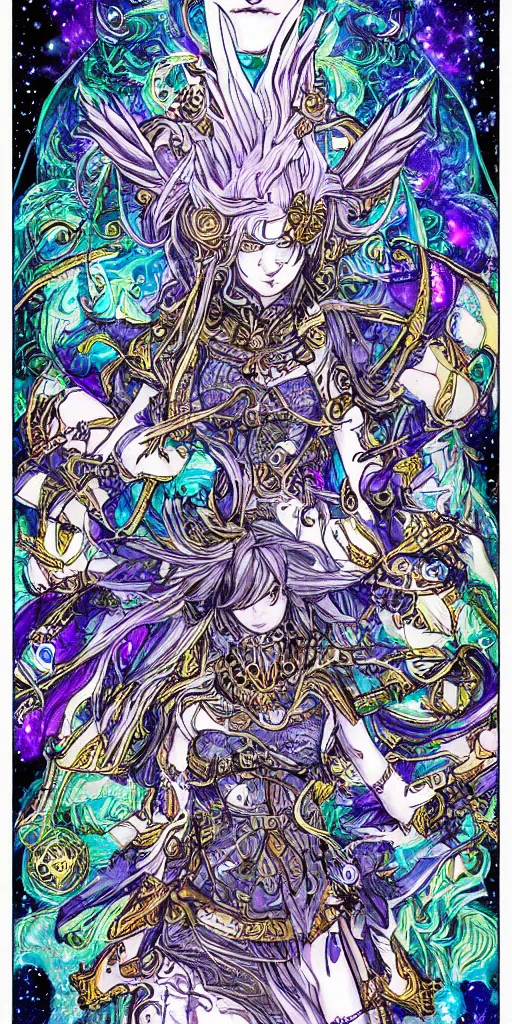 Image similar to a mage from final fantasy 14, intricate, amazing line work, cosmic, psychedelic, cheerful, colorful, tarot cards,