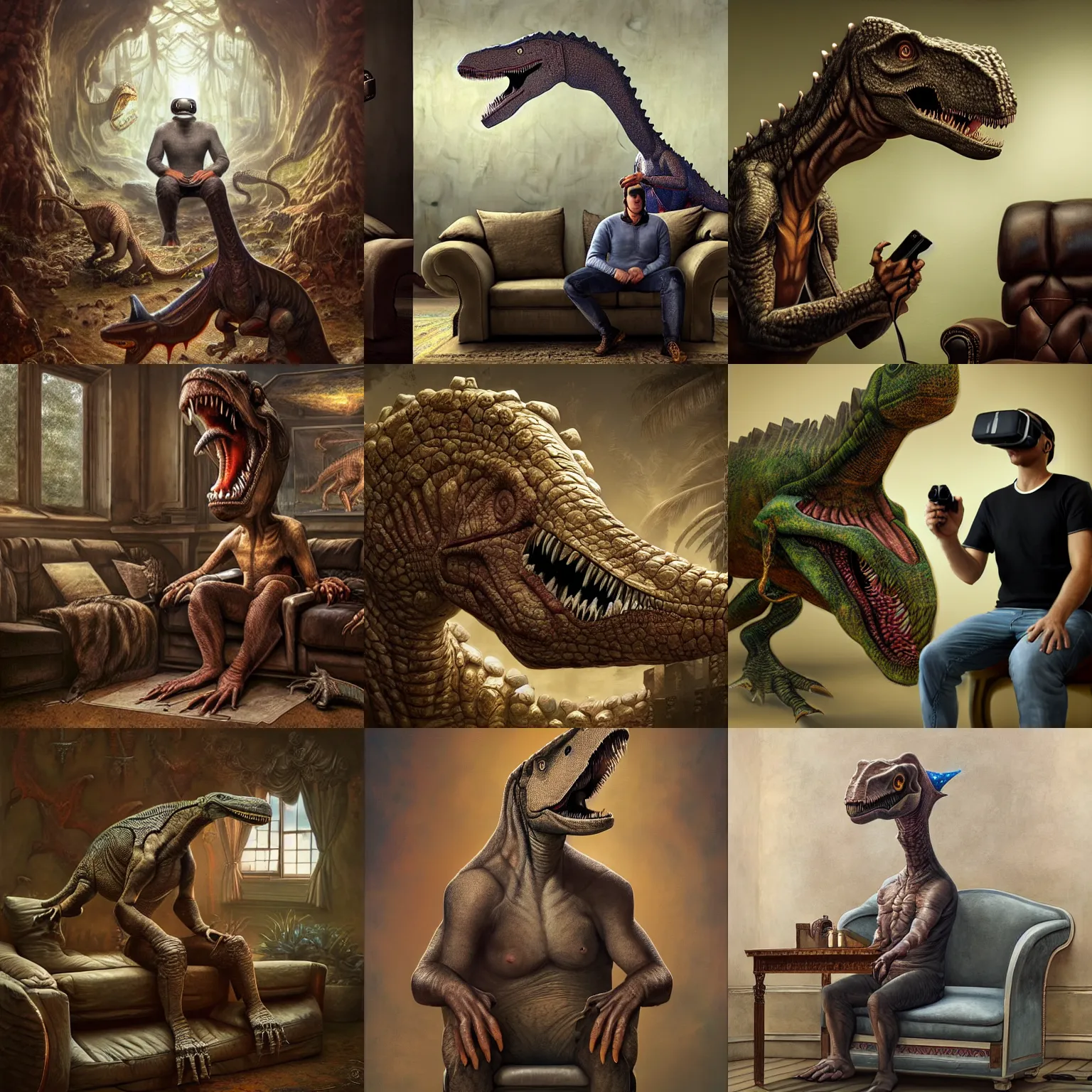 Prompt: A anthropomorph dinosaur man sitting down on a couch, VR Headset on head, ultra detailed, 8k, by Tomasz Alen Kopera and Tony Sart