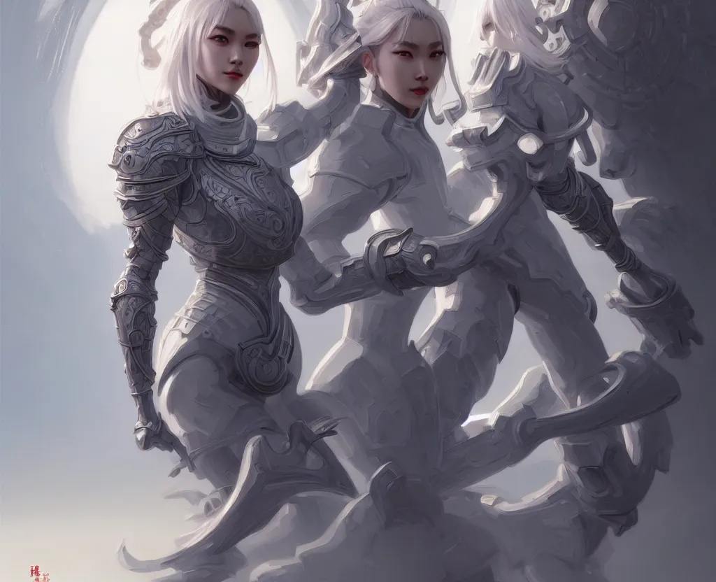 Prompt: portrait full body hero action pose of futuristic light grey color hair female knights of zodiac, abstract chinese dragon concept art, temple background, d & d, highly detailed, digital painting, artstation, sharp focus, illustration, art by tan zi and ayanamikodon and alphonse mucha and wlop