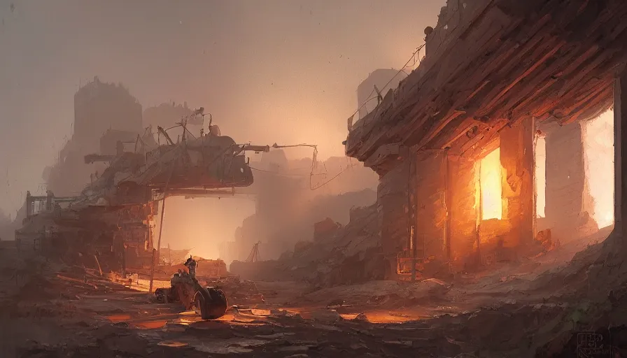 Image similar to a beautiful painting of a mine with exposed beams, pickaxes and a helmet with a broken light, warm colors by greg rutkowski and kalin popov, trending on artstation, masterpiece,