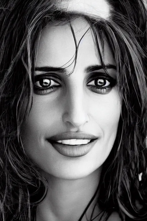 Prompt: photo portrait of penelope cruz, realistic, black and white