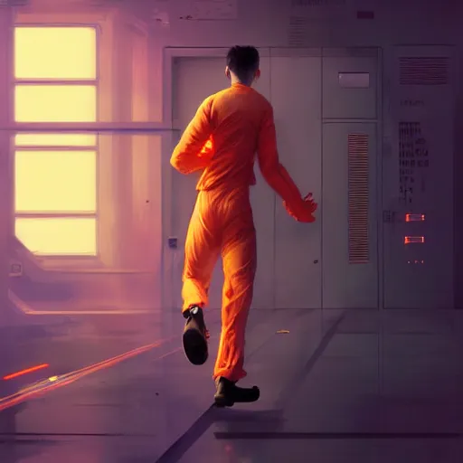 Prompt: a man in an orange jumpsuit running through a laboratory,digital art,art by greg rutkowski,ross tran,artstation,deviantart,photorealistic,hyperdetailed,detailed face,dramatic,cinematic,high quality