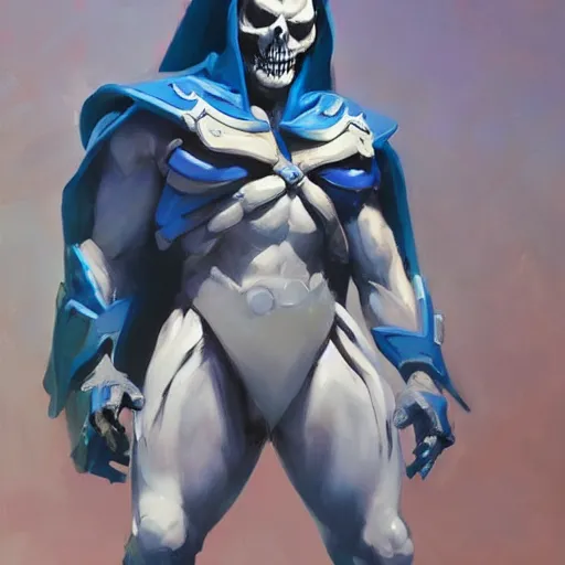 Prompt: greg manchess painting of skeletor as an overwatch character, profile picture, matte painting, bold shapes, hard edges, street art, trending on artstation, by huang guangjian and gil elvgren and sachin teng