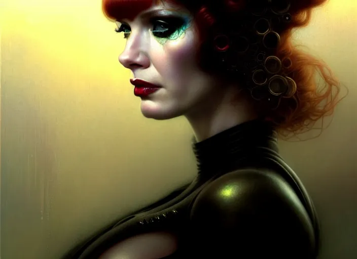 Image similar to portrait shot of christina hendricks in bladerunner wearing a cyberpunk costume, frontal view, intricate, elegant, highly detailed, centered, digital painting, artstation, concept art, smooth, sharp focus, illustration, artgerm, tomasz alen kopera, peter mohrbacher, donato giancola, joseph christian leyendecker, wlop, boris vallejo