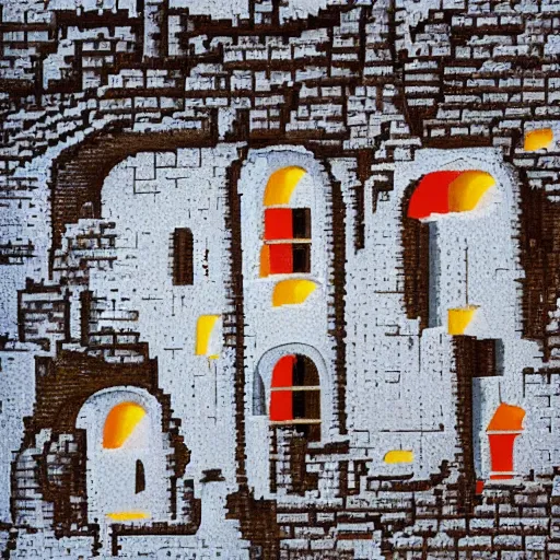 Image similar to a vivid surrealist painting of a melting, gooey, medieval ruin made out of melting ice cream, the walls are wavy and slowly melting under the heat of the sun. made of melting ice iglo bricks on a hill in the mountains and forest on a scorching hot day, in the style of dali