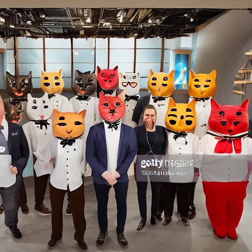 Image similar to anthropomorphic cats competing at masterchef TV show, studio shot