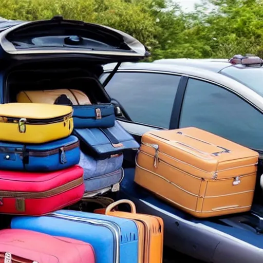 Prompt: a car totally overloaded with hundreds of suitcases and stuff