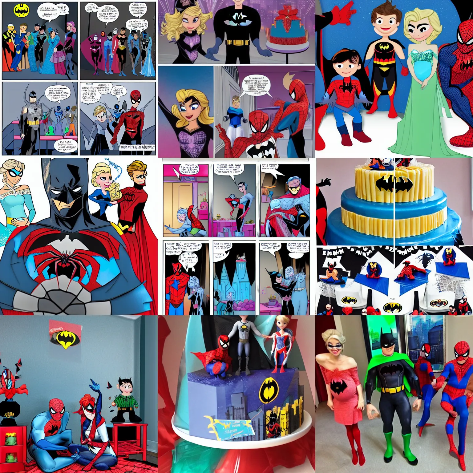 Prompt: batman spiderman and elsa have a party. pregnant elsa and spiderman and batman. maternity party