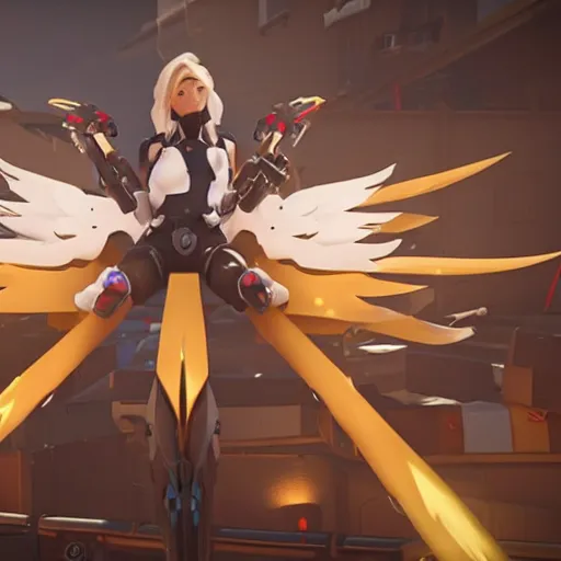 Prompt: mercy from overwatch flying above her team healing them as they push the payload across the map, unreal engine 5 4 k