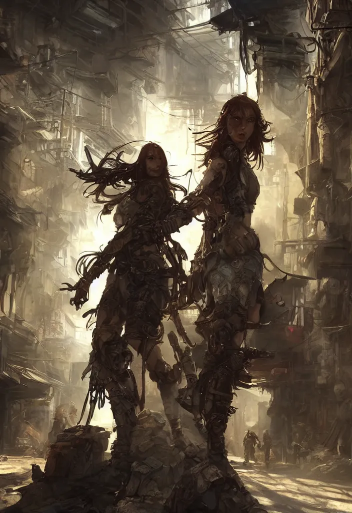 Image similar to Beautiful science fiction warrior princess, set in post apocalyptic Tokyo alleyway, glorious sunlight and shadows, D&D, fantasy, highly detailed, digital painting, artstation, concept art, sharp focus, illustration, in style of Frank Frazetta and Luis Royo and WLOP and Greg Rutkowski