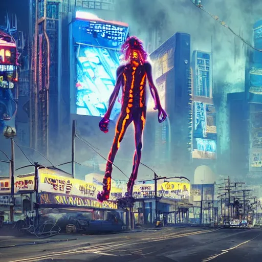 Image similar to gigantic building hovering above a city, long thick cables and trash hanging from underneath, smoke and thick dust in the air, rays of light, neon billboards and dried palmtrees in the streets, a mutant wrestler in fighter pose levitates in the center of the epic scene, scifi, illustration