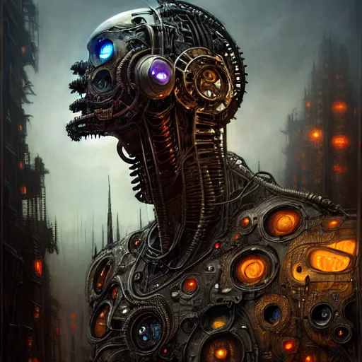 Prompt: A photorealistic 3d render of a robot monster cyborg made of circuits wide view shot by ellen jewett , tomasz alen kopera and Justin Gerard symmetrical features, ominous, magical realism, texture, intricate, ornate, royally decorated, android format, windows, many doors, roofs, complete house , whirling smoke, embers, red adornments, red torn fabric, radiant colors, fantasy, trending on artstation, volumetric lighting, micro details, 3d sculpture, ray tracing, 8k