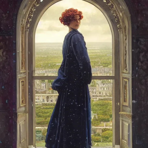 Prompt: a very detailed portrait painting of Vesper Lynd, a very detailed french room, a very detailed dramatic rainy sky, light particles, environment drawn by Donato Giancola and Tom Bagshaw, Edmund Leighton, character design by Alphonse Mucha, 4k, volumetric lighting, french nouveau, komorebi, award winning, octane render, hyperrealistic