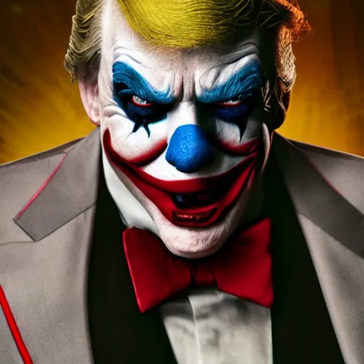 Image similar to donald trump as a joker - clown! in gears of war, splash art, movie still, cinematic lighting, ray tracing, detailed trump joker - clown face!, octane render, long lens, shallow depth of field, bokeh, anamorphic lens flare, 8 k, hyper detailed, 3 5 mm film grain