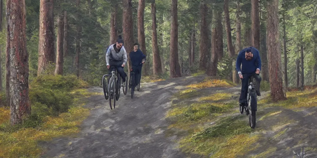 Image similar to Exact two men biking alone up a steep forest hill. One with a deep dark blue sweater and the other with a wine red sweater. sweaty. Oil painting. Emotional. Trending on artstation. Steep. Nordic Trees. Rustic. Artistic.