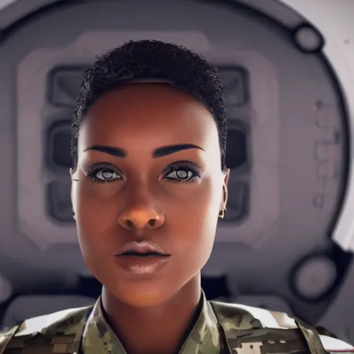 Image similar to a futuristic female soldier with brown skin and short hair in a spaceship