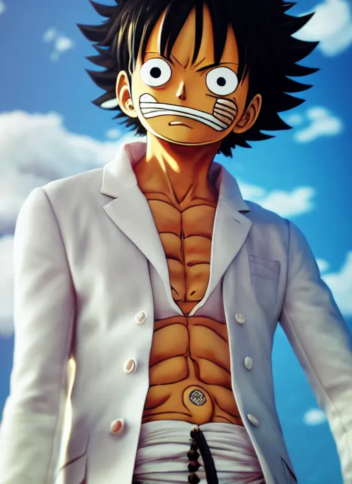 Prompt: Luffy wearing a white suit, au naturel, hyper detailed, digital art, trending in artstation, cinematic lighting, studio quality, smooth render, unreal engine 5 rendered, octane rendered, art style by klimt and nixeu and ian sprigger and wlop and krenz cushart