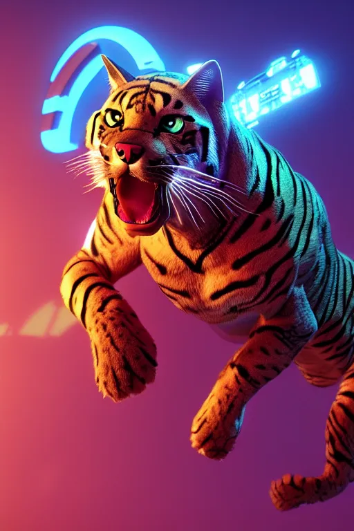 Prompt: cyborg cat, cyborg panther, cyborg cougar, cyborg tiger, vapor wave, ultra hd, Painted By Andreas Rocha, unreal 5, DAZ, hyperrealistic, octane render, dynamic lighting, intricate detail, summer vibrancy, cinematic