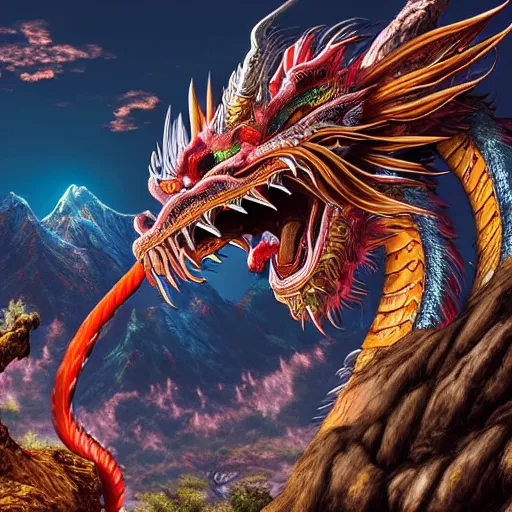 Image similar to a chinese dragon, majestic, mountains background, ultrafine hyperrealistic detailed illustration by kim jung gi, irakli nadar, intricate linework, sharp focus, bright colors, matte, gujian, final fantasy, unreal engine highly rendered, global illumination, radiant light, intricate environment