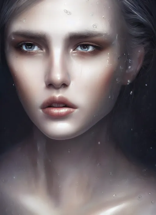 Image similar to a beautiful woman portrait with glossy sweat skin white, 8 k, sensual, mechanical parts, hyperrealistic, hyperdetailed, sharp focus portrait beautiful face, no hair, dark fantasy, fantasy portrait by laura sava