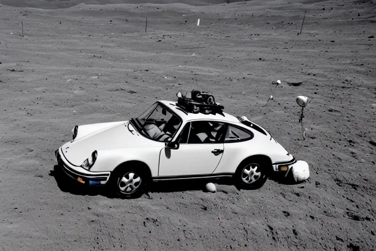 Prompt: vintage photo of a porsche 911 rover on the moon being driven by an astronaut. wide shot. apollo moon landing