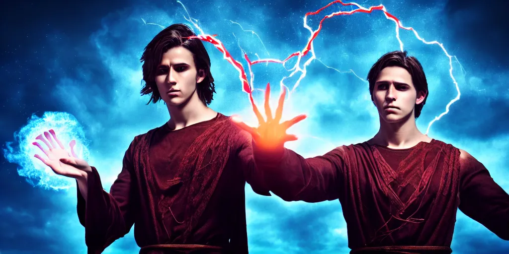 Image similar to epic scene of a handsome male sorcerer with brown hair, he is casting a blue and red spell that is emanating from his hands, heroic pose, medium shot, waist up, epic composition, post processing, cinematic poster