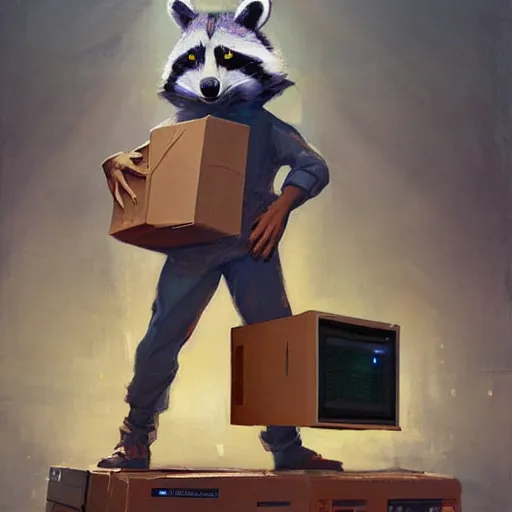 Image similar to greg manchess painting of a trash panda character, holding a box of cables and standing next to old electronic equiptment, medium shot, asymmetrical, profile picture, organic painting, night time, matte painting, bold shapes, hard edges, street art, trending on artstation, by huang guangjian and gil elvgren and sachin teng