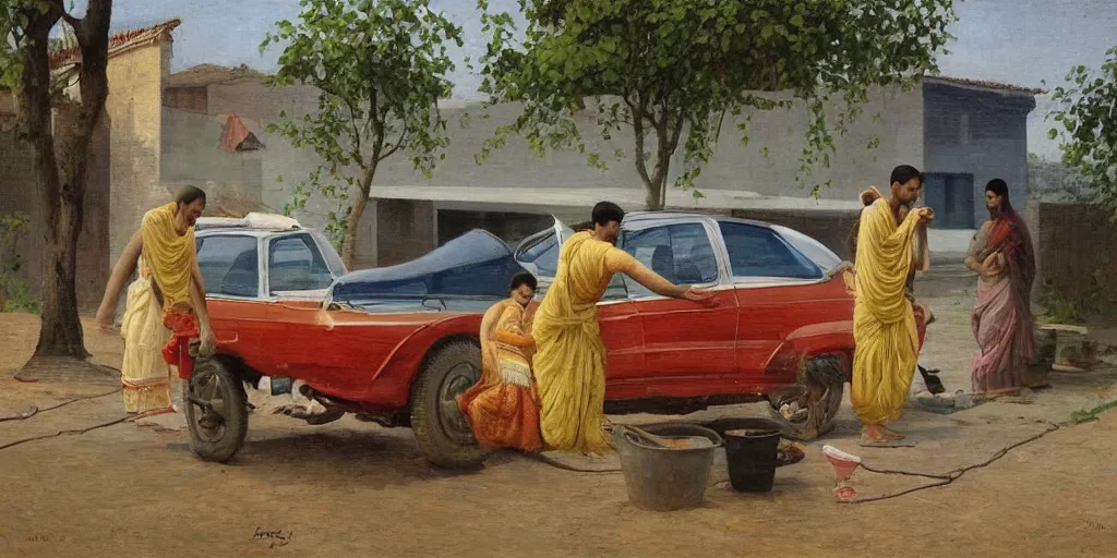 Prompt: man washing his car in the style of raja ravi verma, ultra detailed, high detail, impressionism,