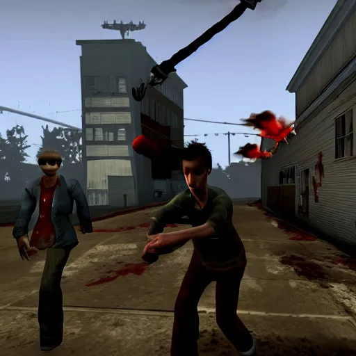 Prompt: michael cera in left 4 dead 2, hd screenshot, group photo, zombies in background