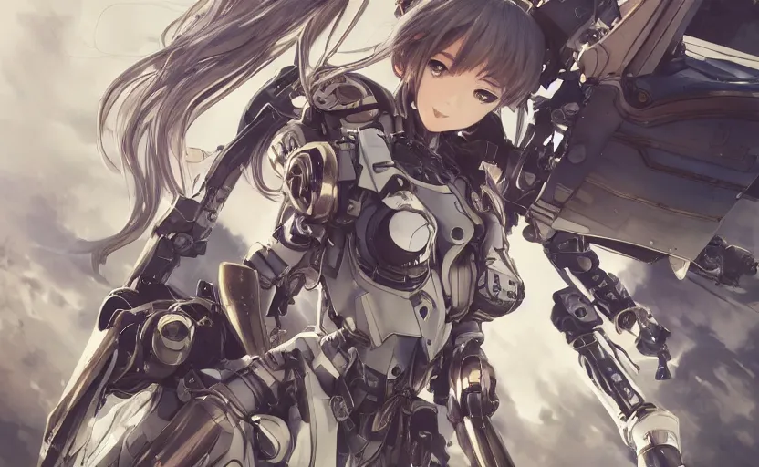 Image similar to mechanized valkyrie, anime style, konami mecha musume, vintage clothing, spread wings, short hair, hair down, symmetrical facial features, from arknights, hyper realistic, 4 k, rule of thirds, extreme detail, detailed drawing, trending artstation, hd, d & d, realistic lighting, by alphonse mucha, greg rutkowski