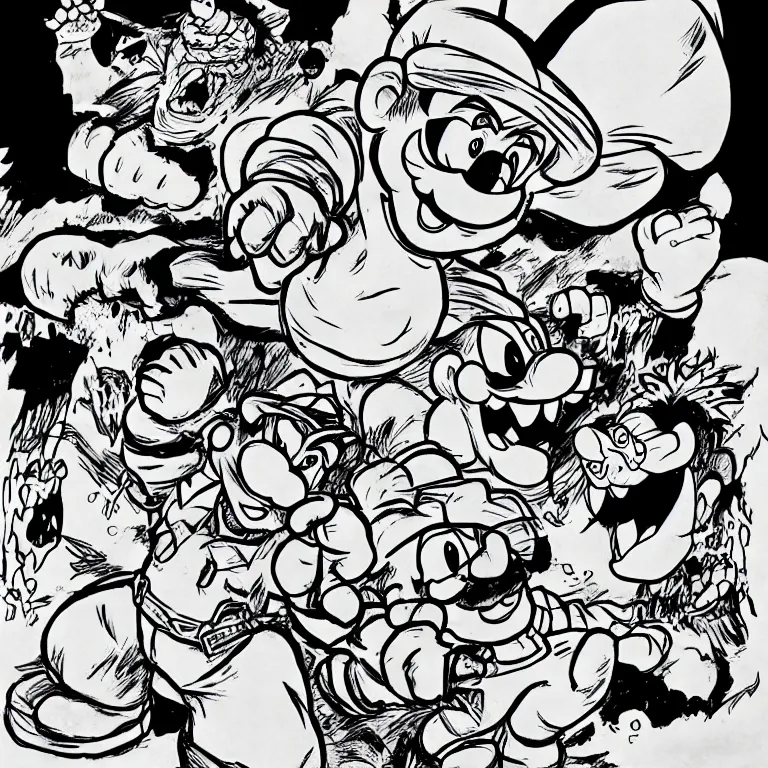 Prompt: Mario fighting Bowser in the style of Junji Itou, black and white, horror, black pen on white paper