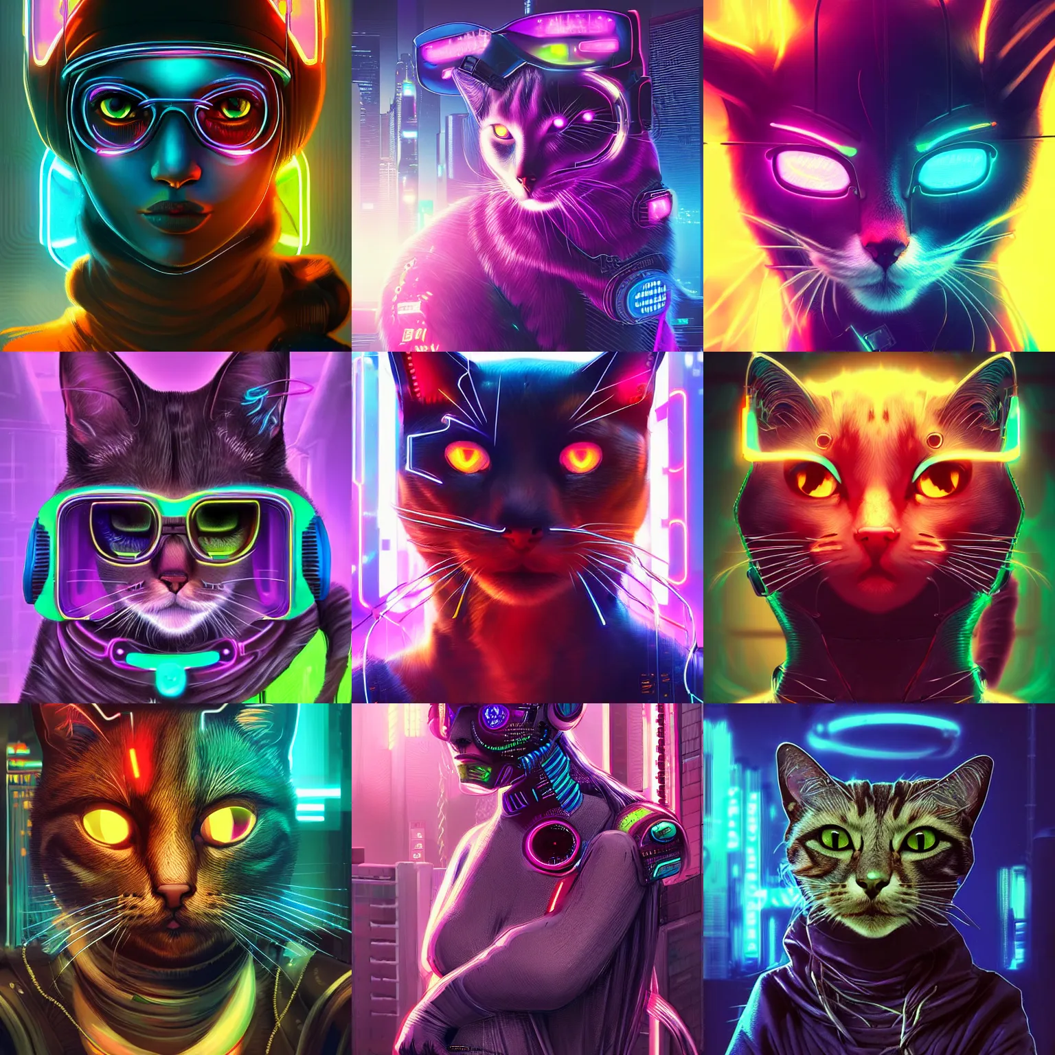 Prompt: portrait of a beautiful cyberpunk cat, background with neon, digital art, highly-detailed, artstation, cgsociety